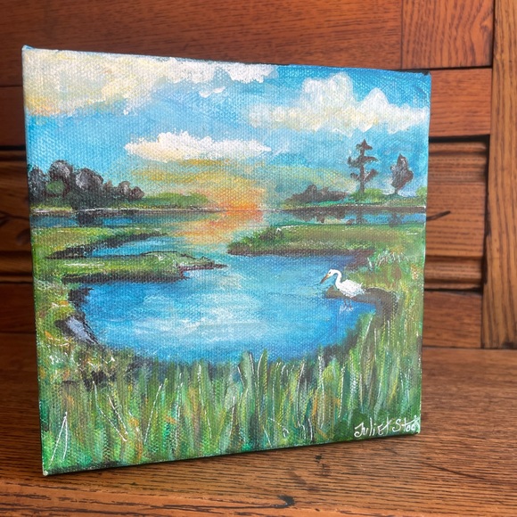 6 x 6 original marsh painting with egret. Acrylic paints. - Picture 3 of 7